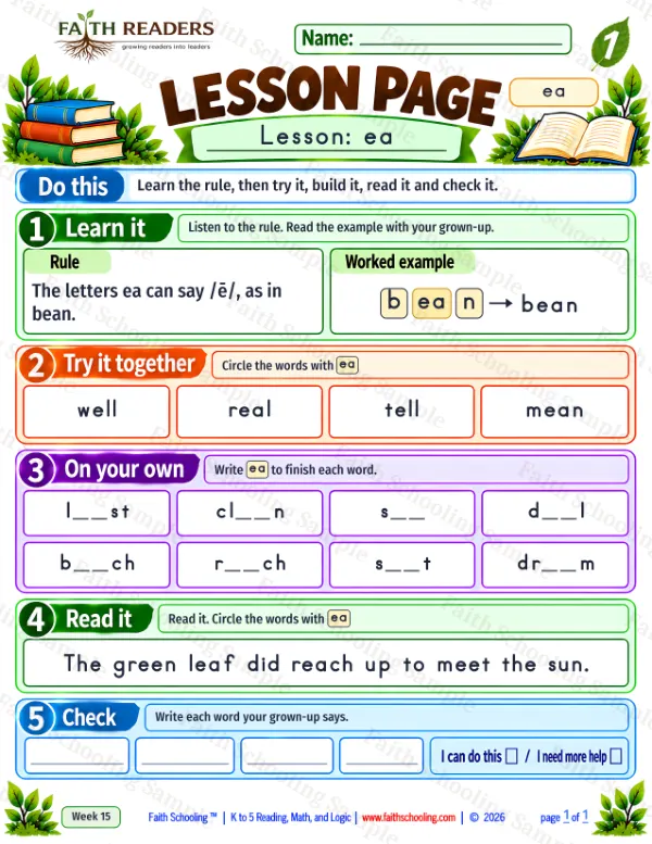 1st Grade phonics worksheet — Long E Teams. Lesson 2: ea