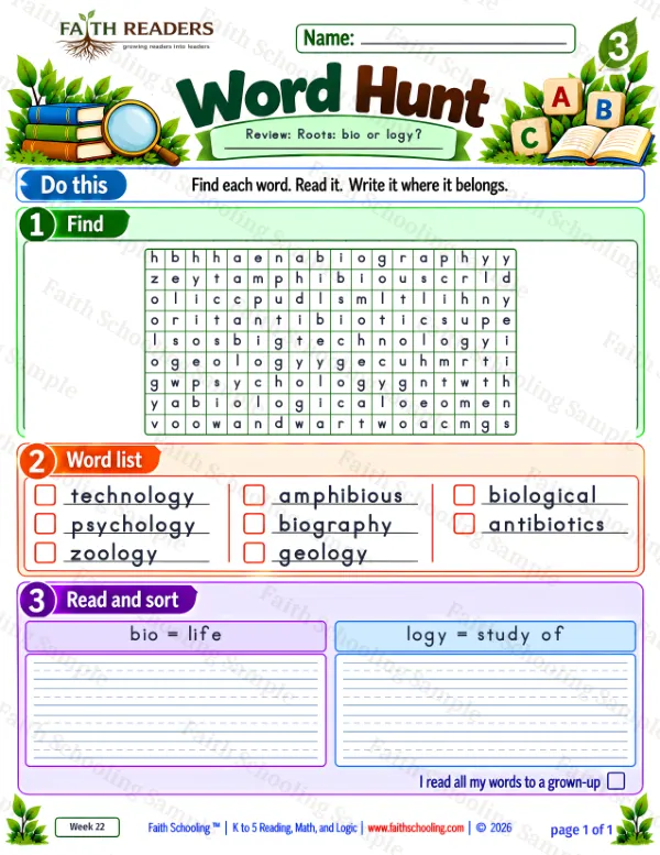 3rd Grade vocabulary & word study worksheet — Greek Root: bio = life. Word Hunt 2: bio and logy