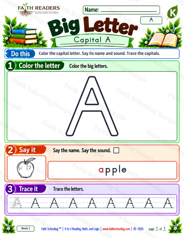 Kindergarten phonics worksheet — Uppercase Letters. Big Letter 2: the letter a (apple)