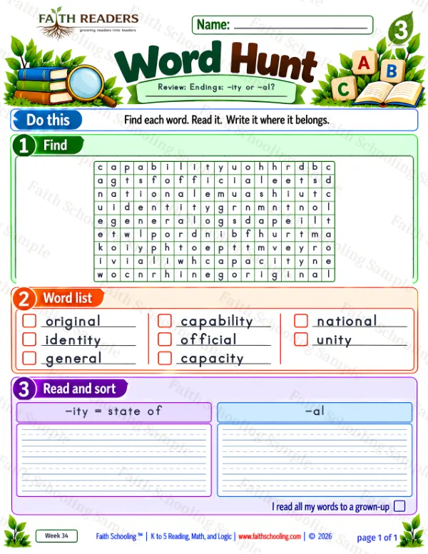 3rd Grade vocabulary & word study worksheet — Suffix -ity. Word Hunt 4: -ity and -al