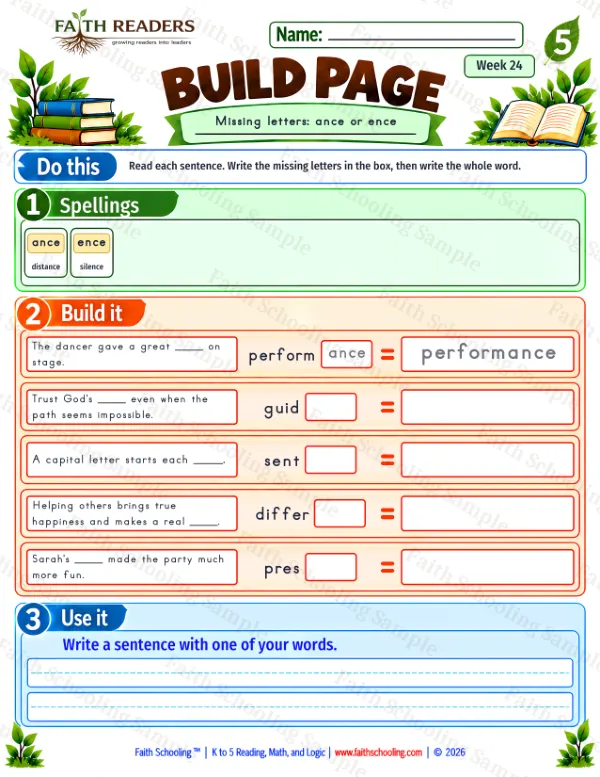 5th Grade phonics worksheet — Missing & Hidden Letters. Build 6: ance or ence