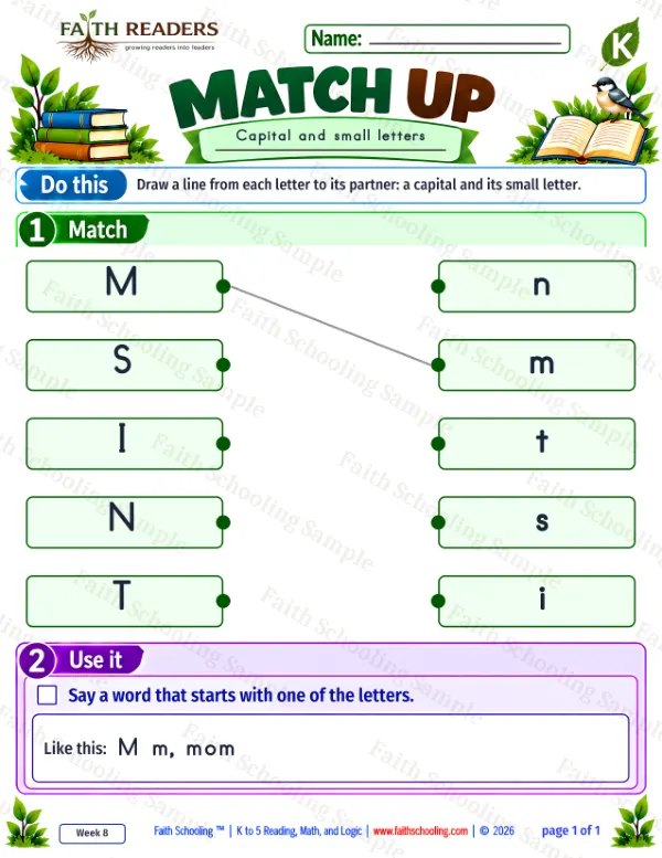 Kindergarten phonics worksheet — Uppercase & Lowercase Matching. Match Up 3: M, S, I and N