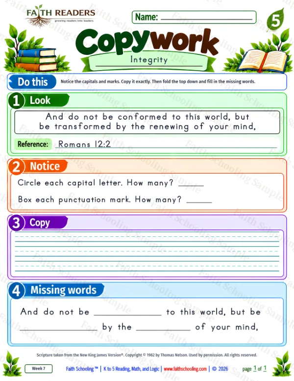 5th Grade grammar & writing worksheet — Copywork 6: Romans 12:2 (Integrity)