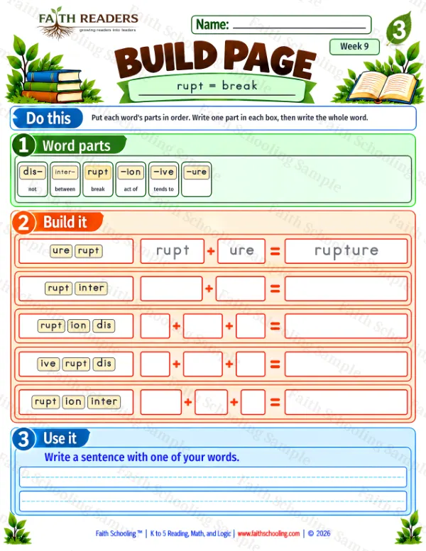 3rd Grade phonics worksheet — Word Building & Unscramble. Build 5: rupt = break