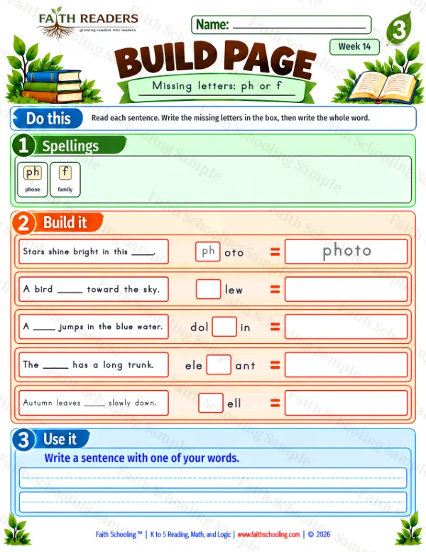 3rd Grade phonics worksheet — Blends & Digraphs. Build 4: ph or f