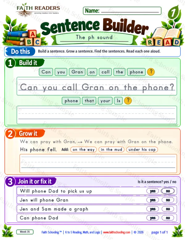 1st Grade phonics worksheet — The PH Sound. Sentence Builder 3: Can you call Gran on the phone?
