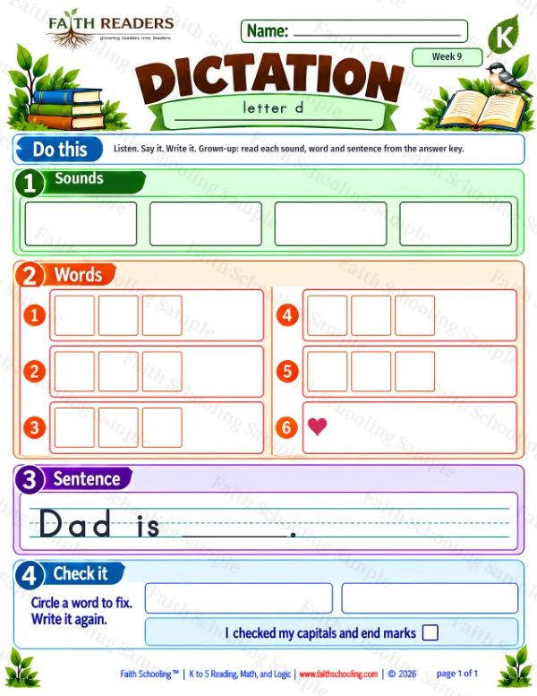 Kindergarten phonics worksheet — Spelling and Encoding. Dictation 5: d, s, n and i