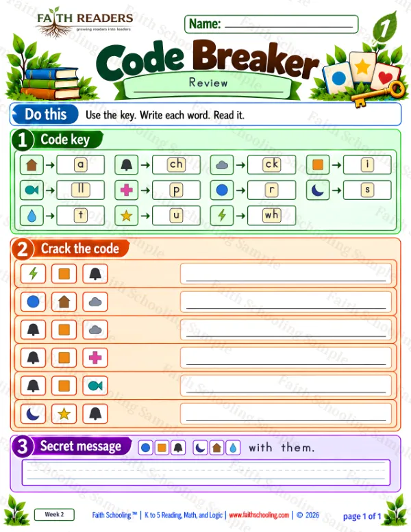 1st Grade phonics worksheet — Two Letters, One Sound. Code Breaker 1: which, rack, chick and chip