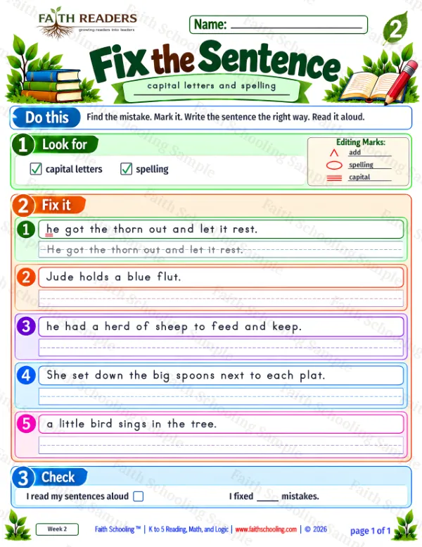 2nd Grade grammar & writing worksheet — Edit and Repair. Fix The Sentence 4: capital letters and spelling