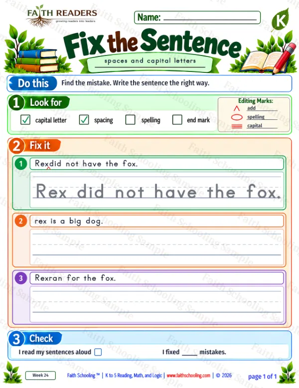 Kindergarten grammar & writing worksheet — Edit and Repair. Fix The Sentence 9: space and capital letters