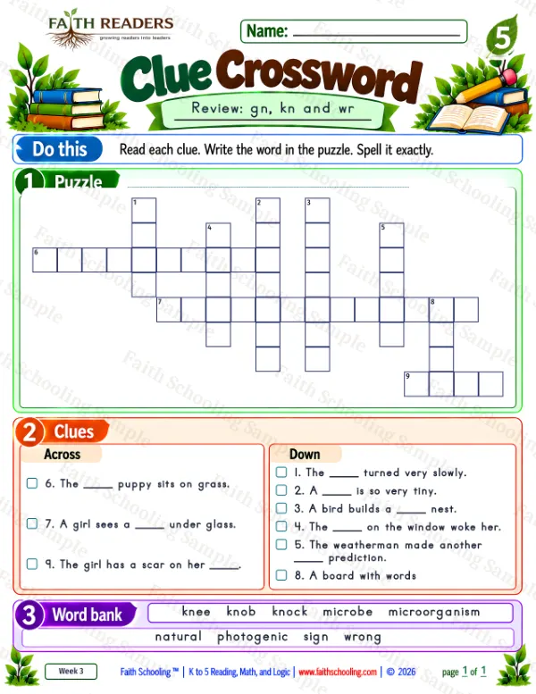 5th Grade phonics worksheet — Word Games & Puzzles. Clue Crossword 3: gn, kn and wr