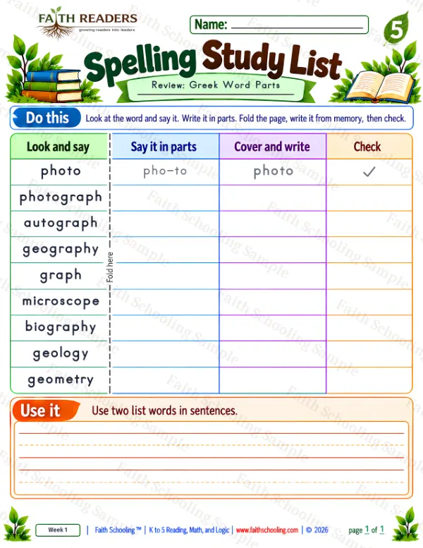 5th Grade phonics worksheet — Spelling Study List 1: Greek Word Parts (free printable)