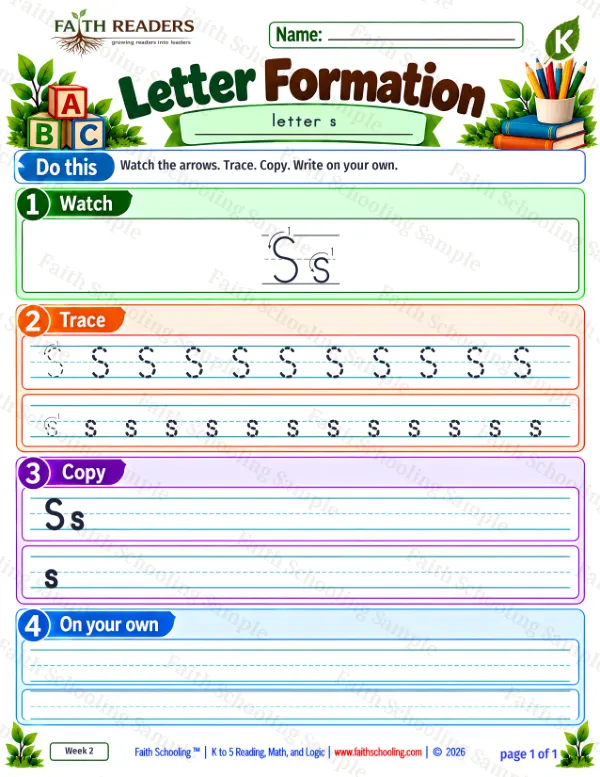 Kindergarten phonics worksheet — Letter Tracing and Printing. Letter Formation 1: s (free printable)