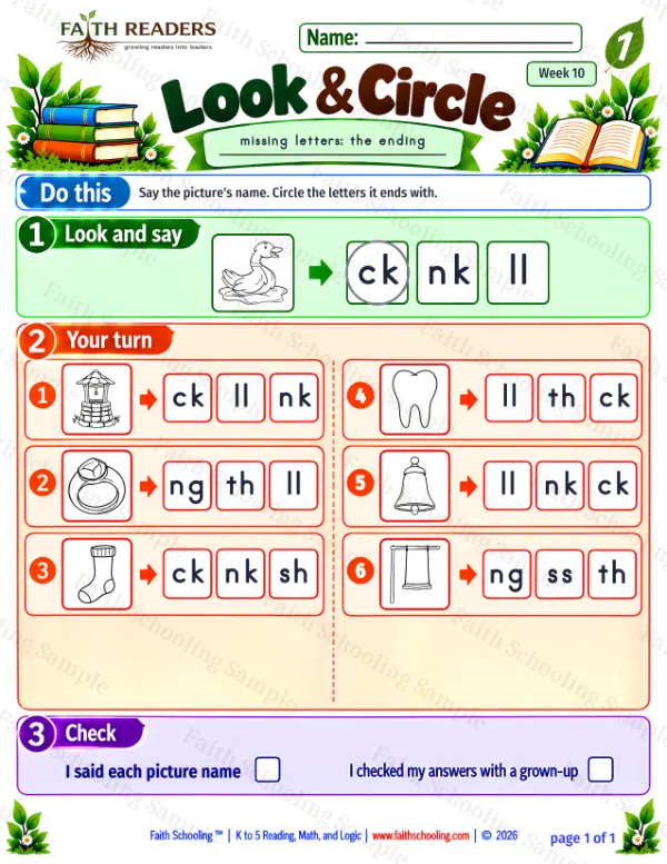 1st Grade phonics worksheet — Missing & Hidden Letters. Look And Circle 8: well, ring, sock and tooth