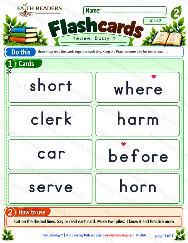 2nd Grade phonics worksheet — Flashcards 1: Bossy R