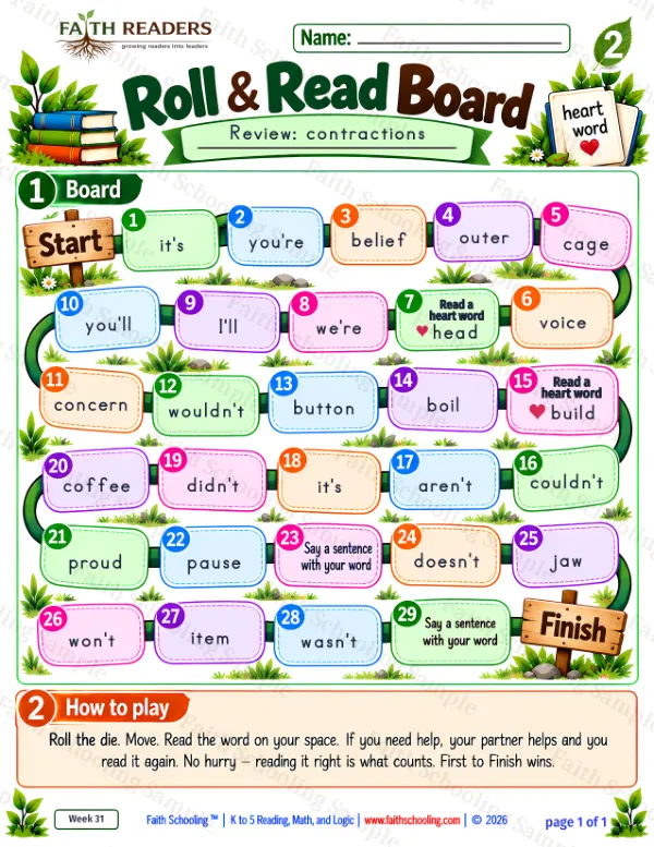 2nd Grade vocabulary & word study worksheet — Contractions. Roll And Read 5: it's, didn't, you're and couldn't
