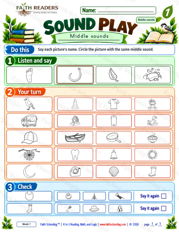 1st Grade phonics worksheet — Phonemic Awareness. Sound Play 7: bell, bib, bird and boat