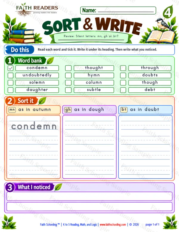 4th Grade phonics worksheet — Sort And Write 2: The Silent N - mn