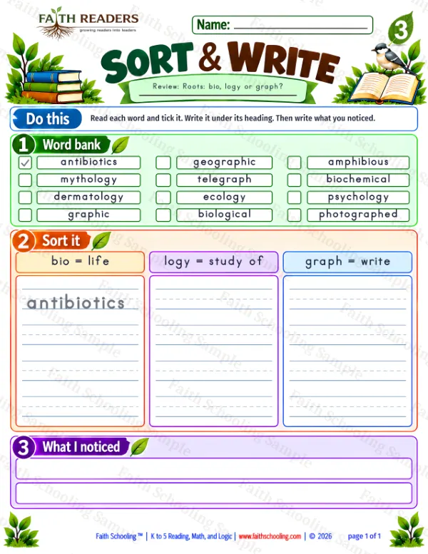 3rd Grade vocabulary & word study worksheet — Greek Root: bio = life. Sort And Write 2: bio, logy and graph