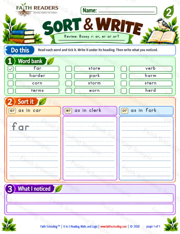 2nd Grade phonics worksheet — Sort And Write 1: Bossy R