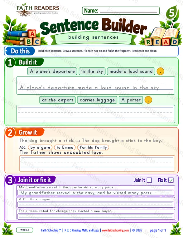 5th Grade grammar & writing worksheet — Sentence Building. Sentence Builder 9: A plane's departure made a loud sound in the sky.