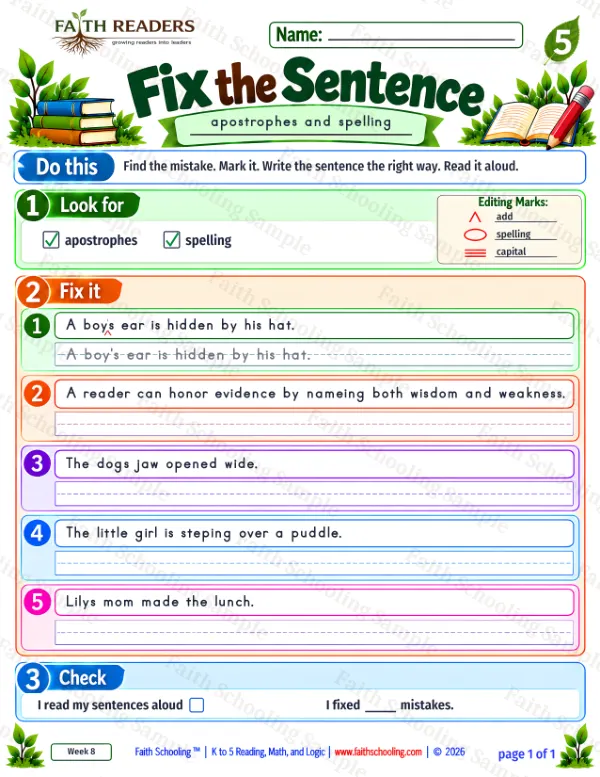 5th Grade grammar & writing worksheet — Edit and Repair. Fix The Sentence 8: apostrophes and spelling