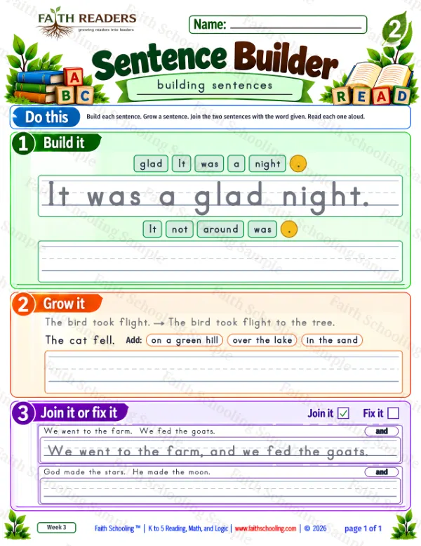 2nd Grade grammar & writing worksheet — Sentence Building. Sentence Builder 9: It was a glad night.