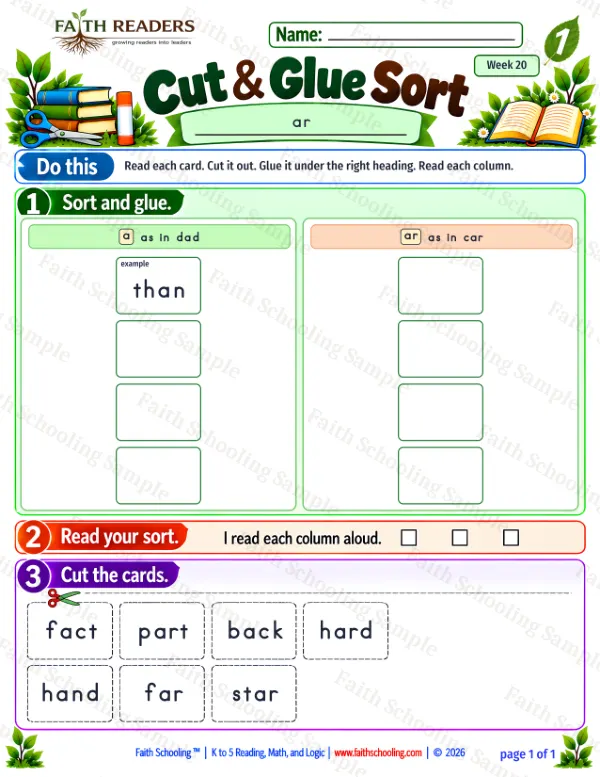1st Grade phonics worksheet — Bossy R (r-controlled vowels). Cut And Glue Sort 3: a and ar