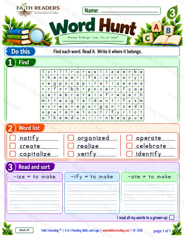 3rd Grade vocabulary & word study worksheet — The -ize Suffix. Word Hunt 2: -ize, -ify and -ate