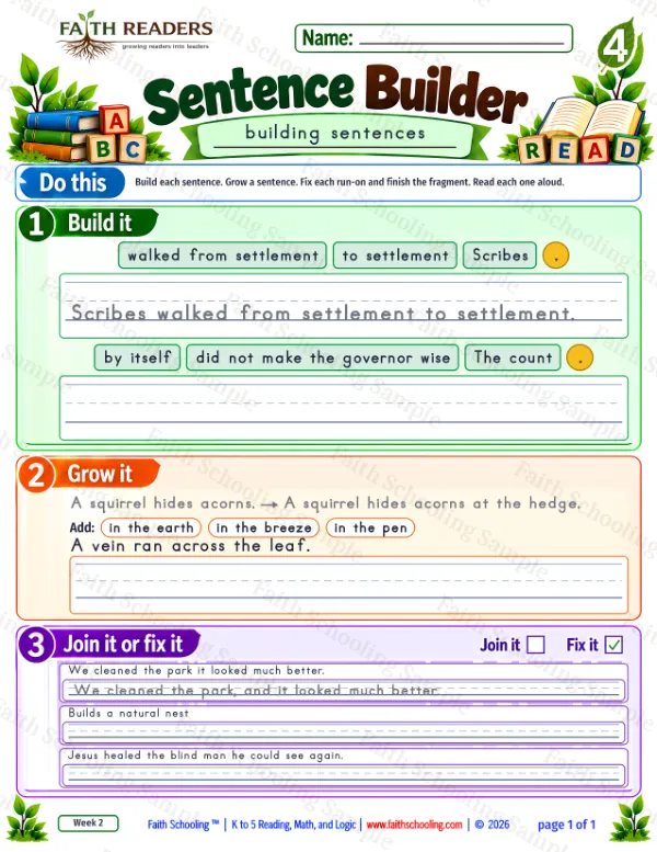 4th Grade grammar & writing worksheet — Sentence Building. Sentence Builder 5: Scribes walked from settlement to settlement.