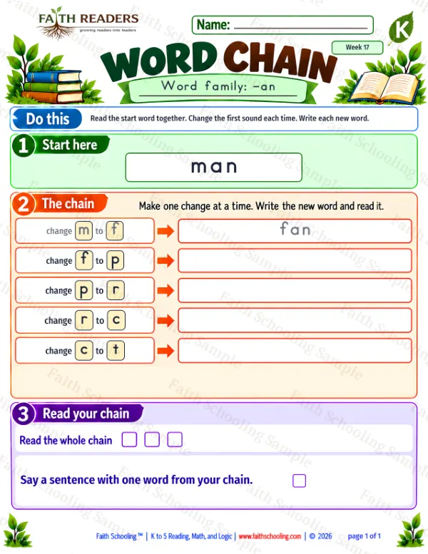 Kindergarten phonics worksheet — Word Families & Spelling. Word Chain 2: man to tan