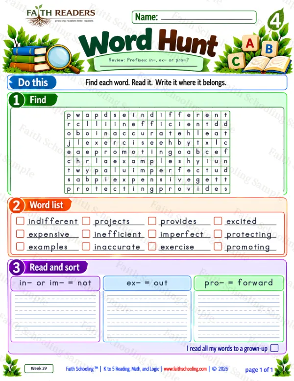 4th Grade vocabulary & word study worksheet — Prefixes in-, im- (not). Word Hunt 3: in- or im-