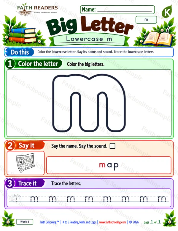 Kindergarten phonics worksheet — Lowercase Letters. Big Letter 7: the letter m (map)