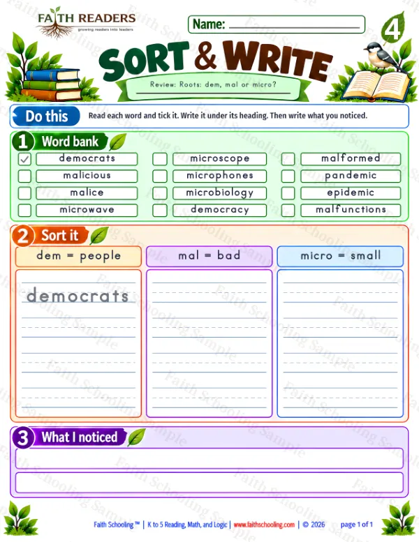 4th Grade vocabulary & word study worksheet — Greek Root: dem = people. Sort And Write 4: dem, mal and micro