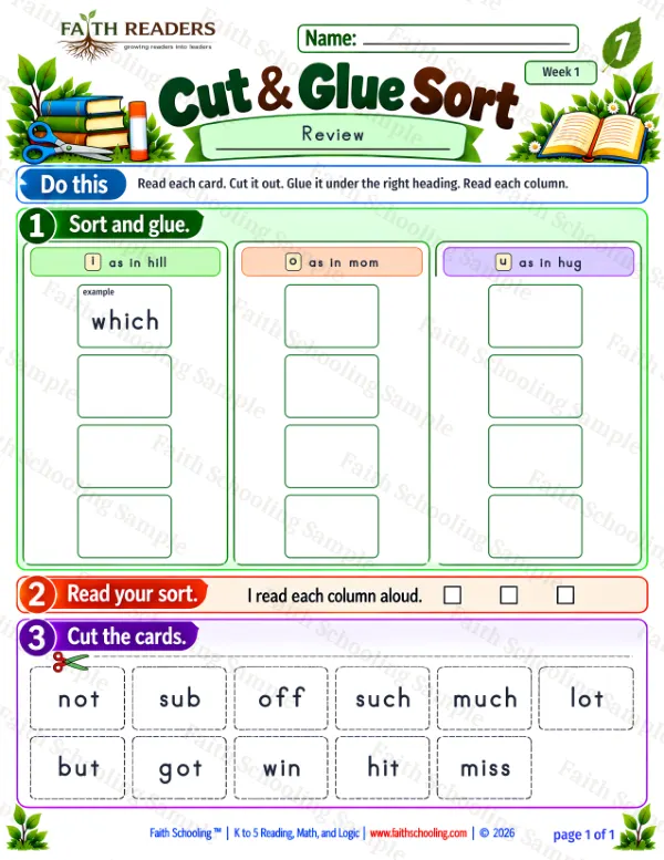 1st Grade phonics worksheet — Rhyming & Word Families. Cut And Glue Sort 1: i, o and u (free printable)