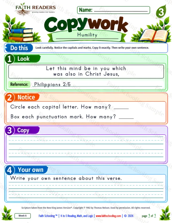 3rd Grade grammar & writing worksheet — Copywork 5: Philippians 2:5 (Humility)