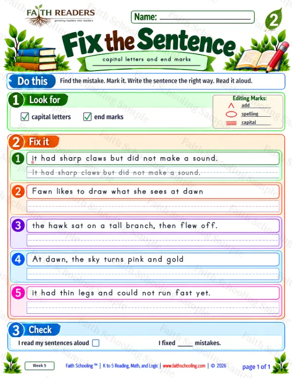 2nd Grade grammar & writing worksheet — Capitalization and Punctuation. Fix The Sentence 5: capital letters and end marks