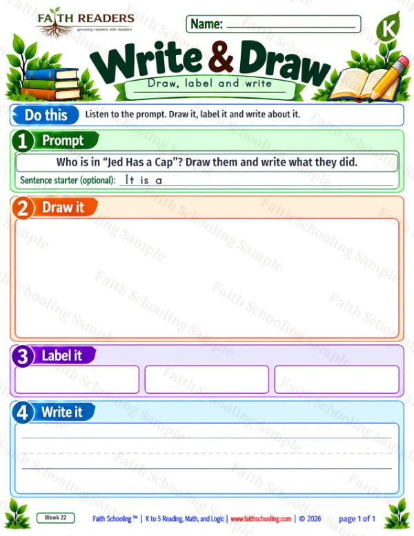 Kindergarten grammar & writing worksheet — Sentence Writing. Write And Draw 7: Who is in “Jed Has a Cap”?
