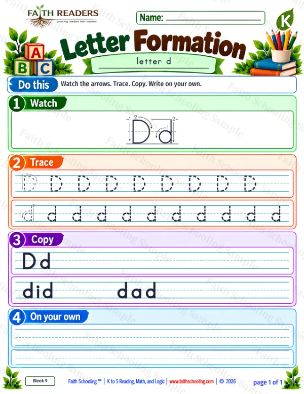 Kindergarten phonics worksheet — Letter Tracing and Printing. Letter Formation 8: d
