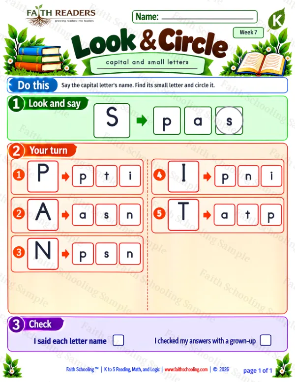 Kindergarten phonics worksheet — Uppercase & Lowercase Matching. Look And Circle 2: P, A, N and I