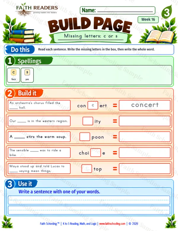 3rd Grade phonics worksheet — Missing & Hidden Letters. Build 8: c or s