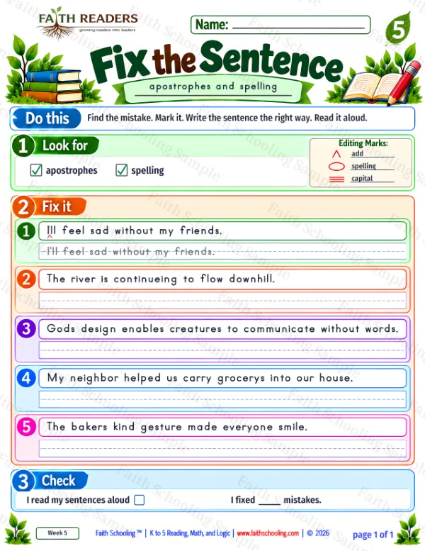 5th Grade grammar & writing worksheet — Edit and Repair. Fix The Sentence 5: apostrophes and spelling