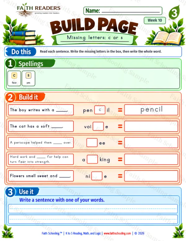 3rd Grade phonics worksheet — Missing & Hidden Letters. Build 6: c or s