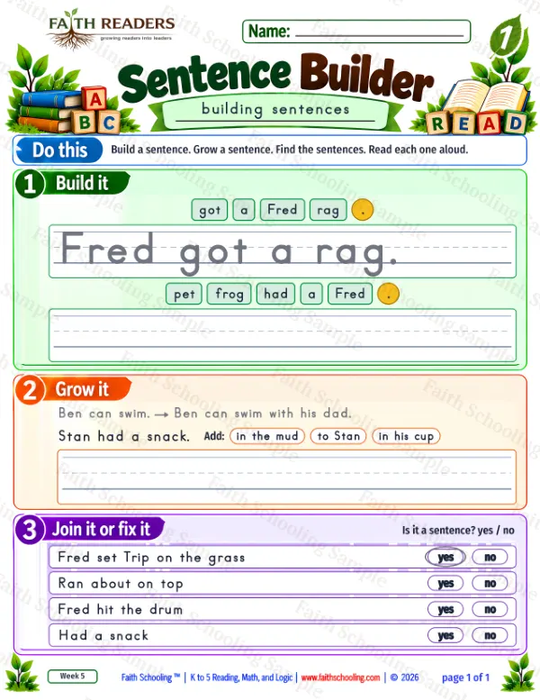 1st Grade grammar & writing worksheet — Sentence Building. Sentence Builder 5: Fred got a rag.