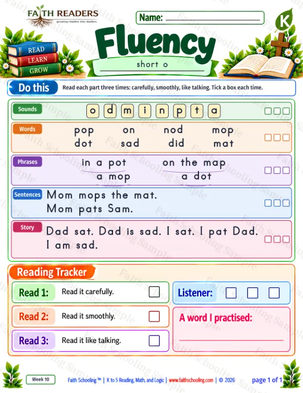 Kindergarten phonics worksheet — Short O. Fluency 2: pop, on, nod and mop