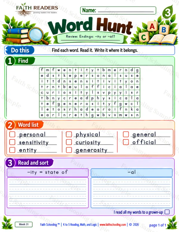 3rd Grade vocabulary & word study worksheet — Suffix -ity. Word Hunt 2: -ity and -al