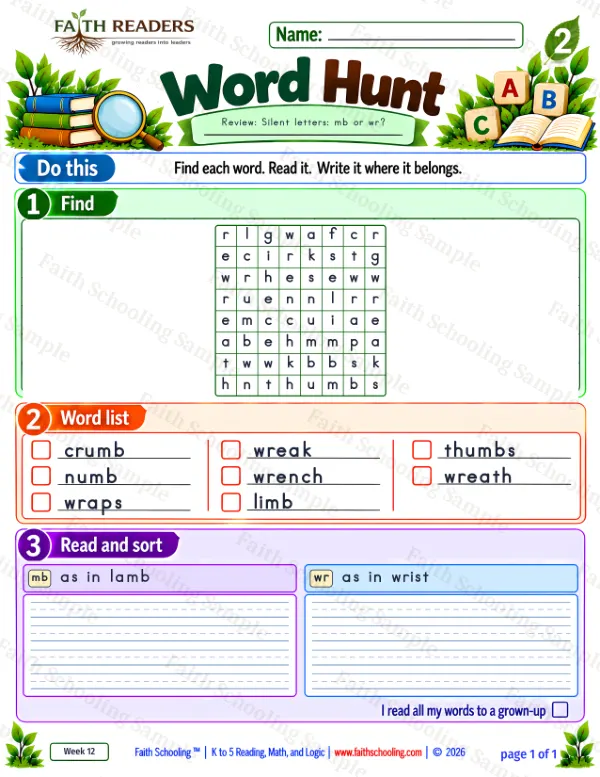 2nd Grade phonics worksheet — Silent Letters: mb. Word Hunt 2: mb and wr