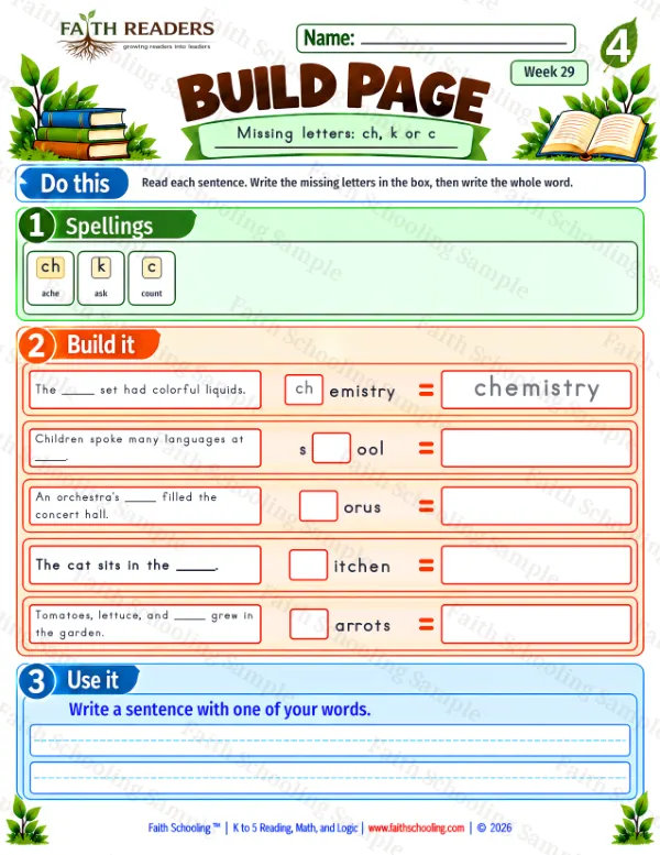 4th Grade phonics worksheet — Missing & Hidden Letters. Build 6: ch, k or c