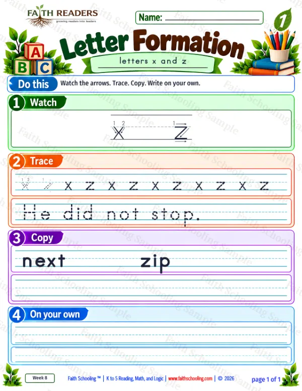 1st Grade grammar & writing worksheet — Letter Formation 8: x and z
