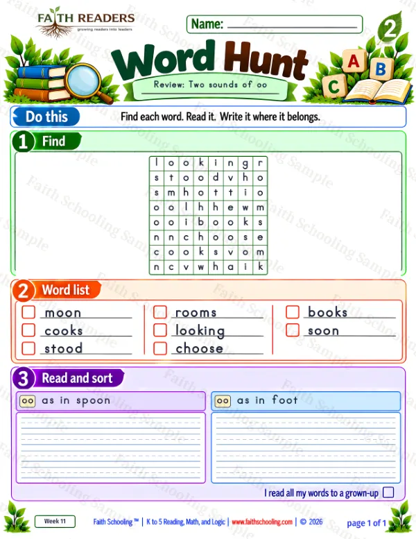 2nd Grade phonics worksheet — Word Hunt 2: The OO Sound
